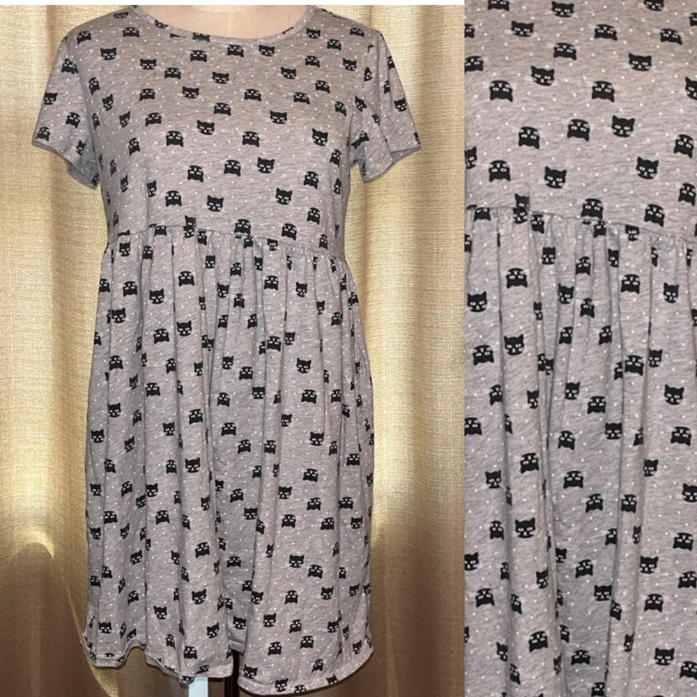 Wonder Nation Black Cat Head Gray Babydoll Style Dress Girls Plus XL 14-16